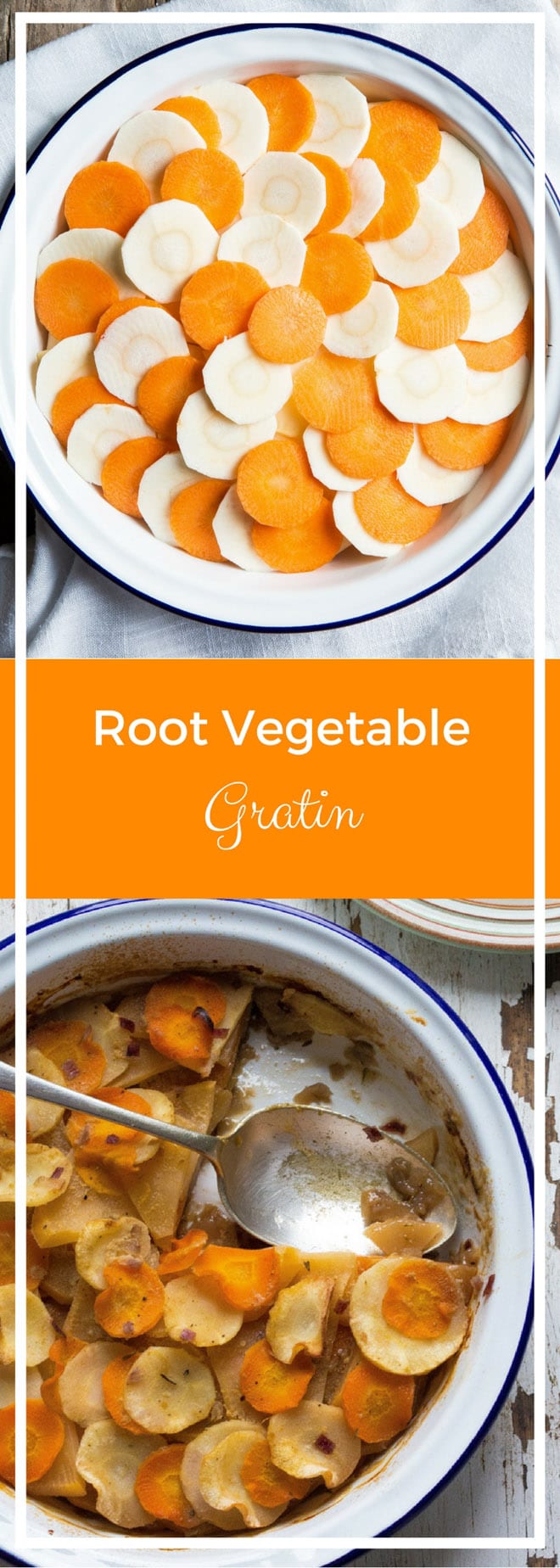 Root Vegetable Gratin - Layers of winter vegetables infused with garlic and thyme and slow baked to make them beautifully soft | thecookandhim.com