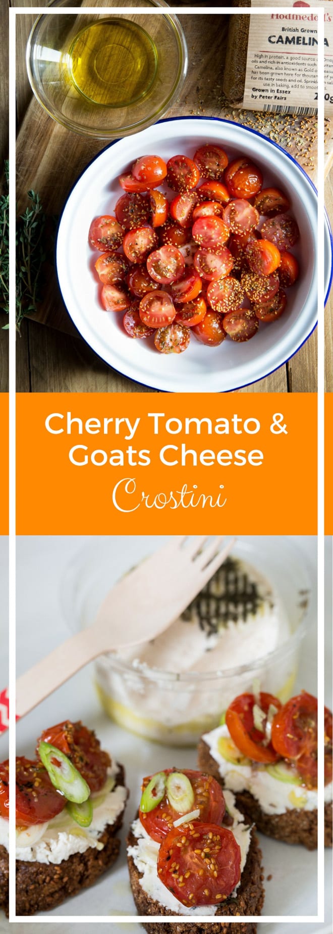 Cherry Tomato and Goat's Cheese Crostini - just a few simple ingredients make these salty, nutty bites sheer indulgent heaven. The New Roots goat's cheese makes them vegan too! thecookandhim.com