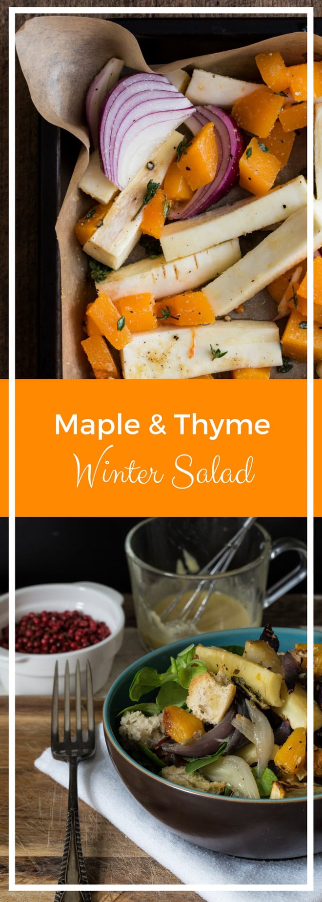 Maple and Thyme Winter Veggie Salad - liven up a dull day with this seasonal and colourful salad - warm herby veg mixed with peppery leaves wrapped up in a tangy dressing | thecookandhim.com