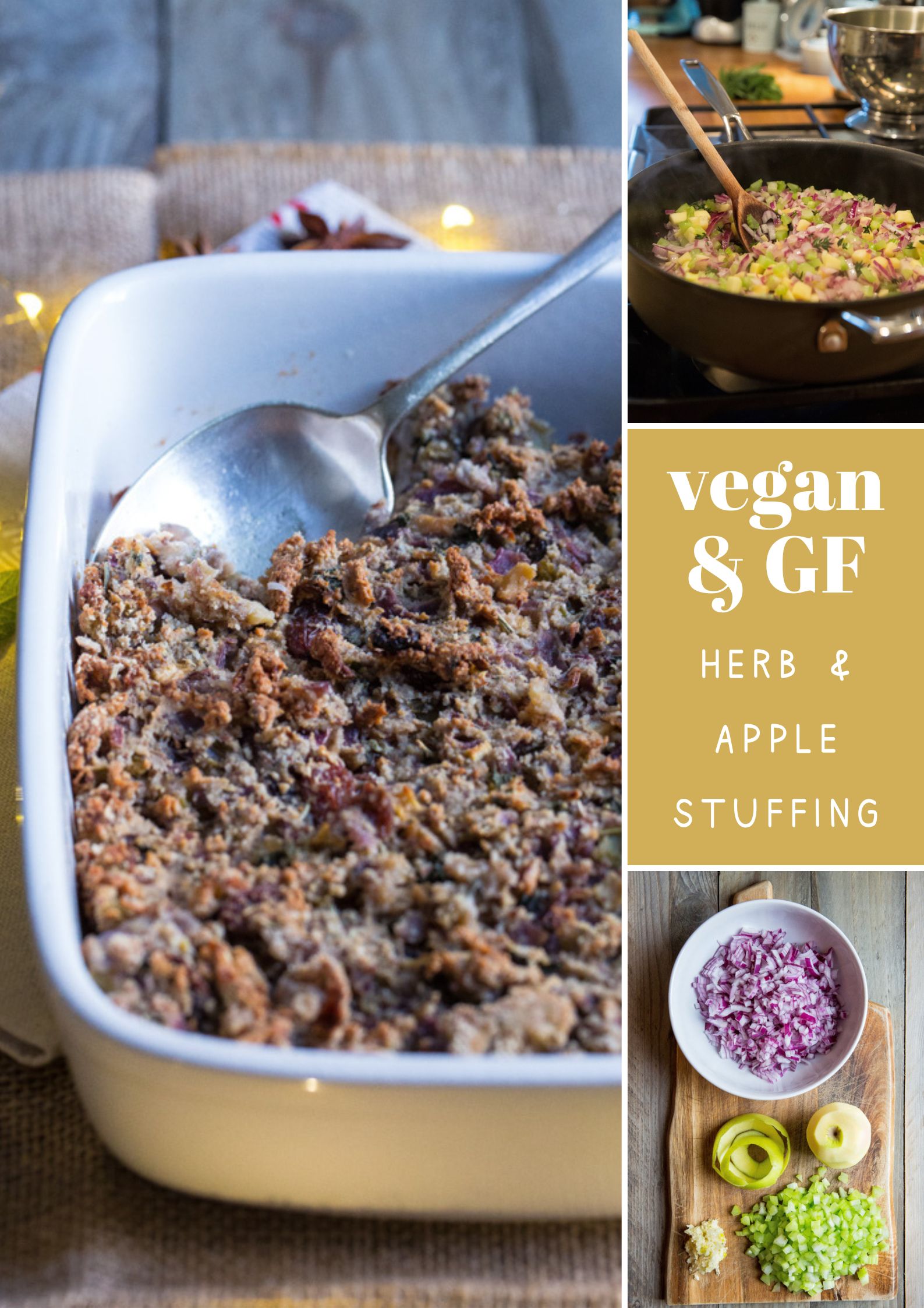 Vegan and gluten free stuffing packed with fruits, veggies, oats and flavour. Easily made in one pan or transfer to a baking dish for your festive table. The perfect accompaniment to a vegan Christmas, roast dinner or Thanksgiving feast! It also makes lovely addition to sandwiches cold and sliced the next day! Recipe on thecookandhim.com | #stuffing #veganstuffing #veganchristmasrecipes #glutenfreestuffing