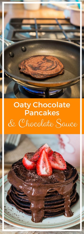 Oaty Chocolate Pancakes with Chocolate Sauce - as decadent as they are healthy and as easy to make as they are tasty - packed with extra protein and chocolate deliciousness | thecookandhim.com