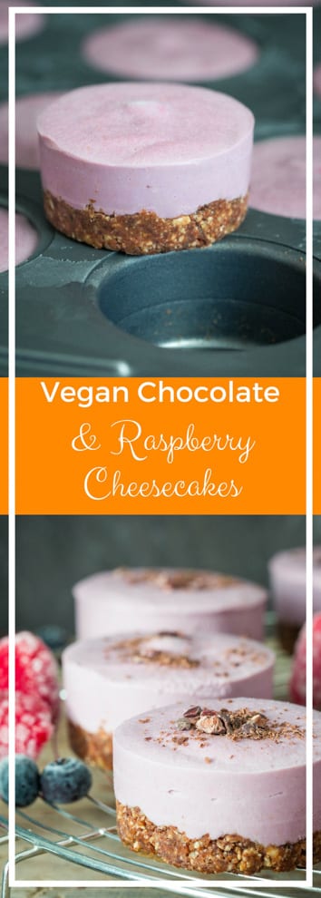 Vegan Chocolate and Raspberry Cheesecakes - Cashews and raspberries combine perfectly to make creamy 'cheesecakes' with a naturally sweet and chocolatey base - utterly delicious! Gluten free too | thecookandhim.com
