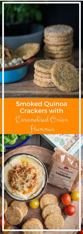 Smoked Quinoa Crackers with Caramelised Onion Hummus - rich creamy hummus made from fava beans goes so perfectly with these super tasty little crackers! Vegan and Gluten Free | thecookandhim.com
