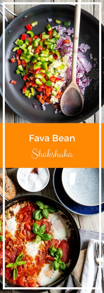 Fava Bean Shakshuka - a bright, lightly spiced hearty meal perfect for any time of the day! Full of tomatoes, herbs, garlic, peppers, onions and spices all made in just one pan! #vegetarian #meatfree #shakshuka | thecookandhim.com