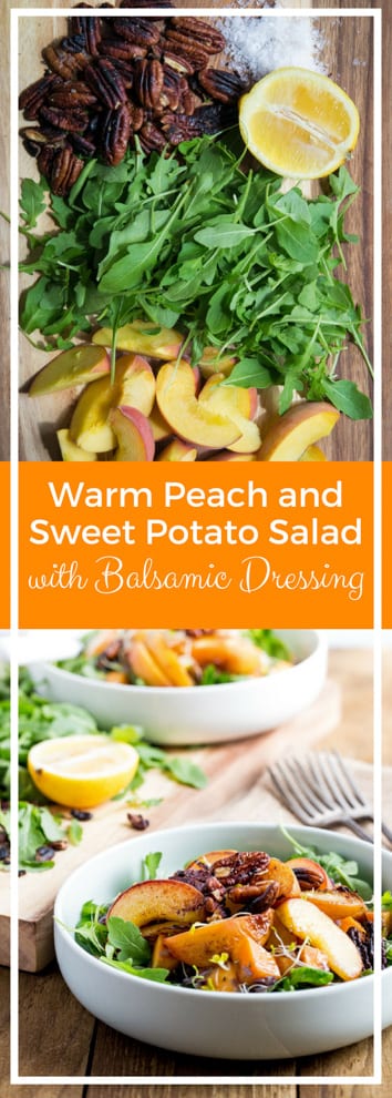 Warm Peach and Sweet Potato Salad with Balsamic Dressing - the perfect summery salad - crisp leaves, salty toasted nuts with warm peaches and sweet potatoes, all bound together with a tangy balsamic dressing! Vegan and Gluten Free | Recipe on thecookandhim.com