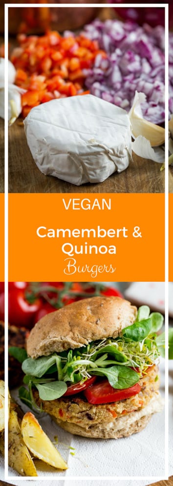 Camembert and Quinoa Burgers - lots of heart healthy veggies, beans, quinoa and vegan cheese go into these super tasty and super easy to make vegan burgers! Recipe on thecookandhim.com