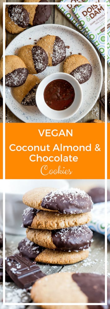 Coconut Almond and Chocolate Cookies - meltingly soft vegan cookies that are SO simple to make and take just 10 minutes to cook! Half dipped in chocolate takes them to a whole new level of deliciousness! Recipe on thecookandhim.com