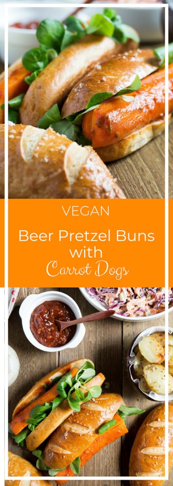 Beer Pretzel Buns with Carrot Dogs - spicy BBQ marinated carrots. slow roasted for full-on flavour with home made chewy soft beer pretzel buns, absolutely delicious! Recipe on thecookandhim.com