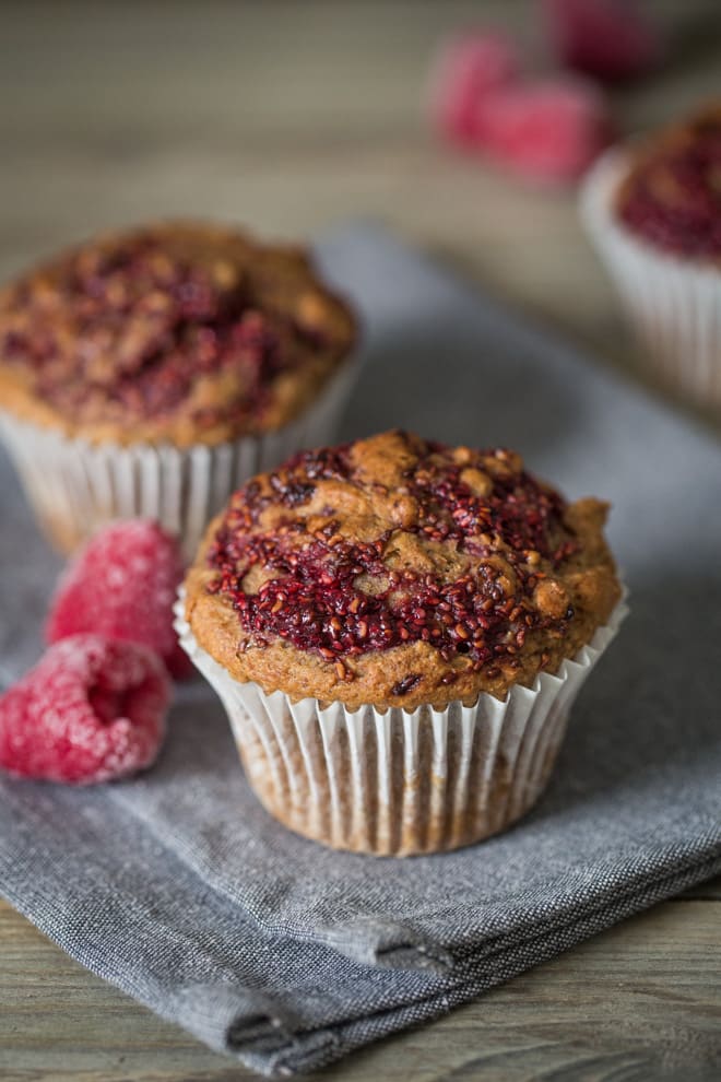 Raspberry Muffins - soft sweet almond muffins rippled with slightly tart home made raspberry and chia jam - simply delicious | thecookandhim.com