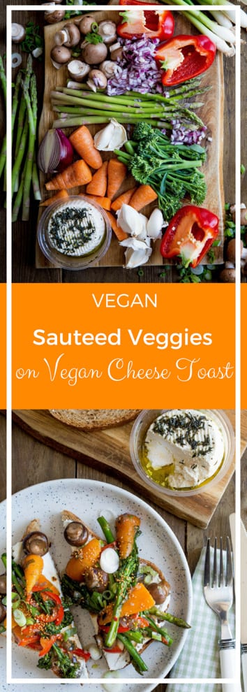 Sauteed Veggies on Vegan Cheese Toast - super simple and divinely tasty! Fresh veggies are gently sauteed before piling on top of vegan soft cheese on thick crusty toast. Seriously easy and perfect comfort food | Recipe on thecookandhim.com