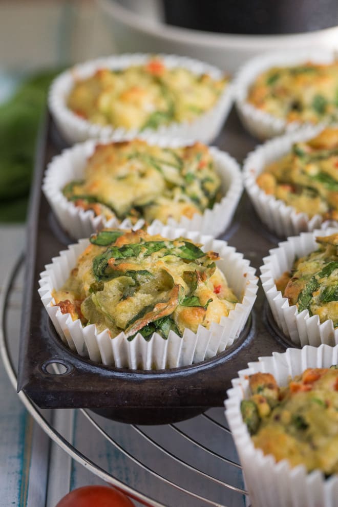 Red Pepper and Spinach Lunch Box Muffins - light but full of flavour and lots of healthy veggies! Delicious green pea flour also makes them gluten free | thecookandhim.com