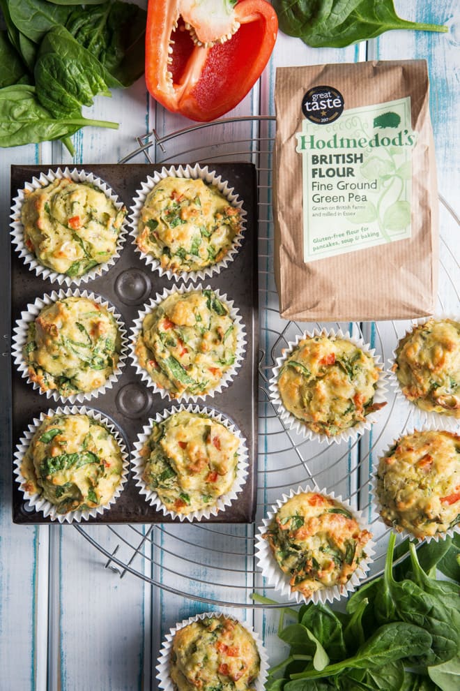 Red Pepper and Spinach Lunch Box Muffins - light but full of flavour and lots of healthy veggies! Delicious green pea flour also makes them gluten free | thecookandhim.com