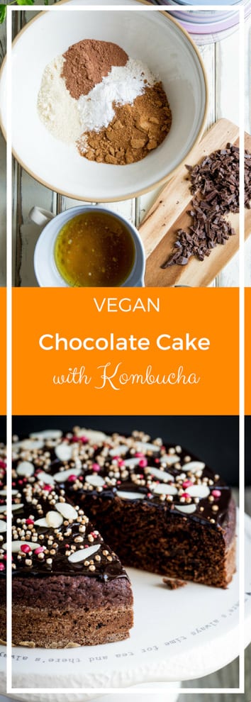 Vegan Chocolate Cake with Kombucha - moist, rich and dark vegan chocolate cake with gut healthy kombucha - this is a divinely healthy treat that tastes sinful! It's also super easy and quick to make, perfect for when you need to bake a last minute simple yet decadent cake for a special occasion.