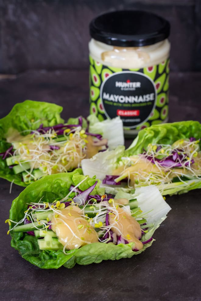 Asian Slaw Wraps with Almond Butter Mayo - simple, uncomplicated and paleo - oh and utterly delicious! Fresh veggies and an amazing nut butter/mayo dressing for a super quick and tasty lunch! Vegetarian | thecookandhim.com
