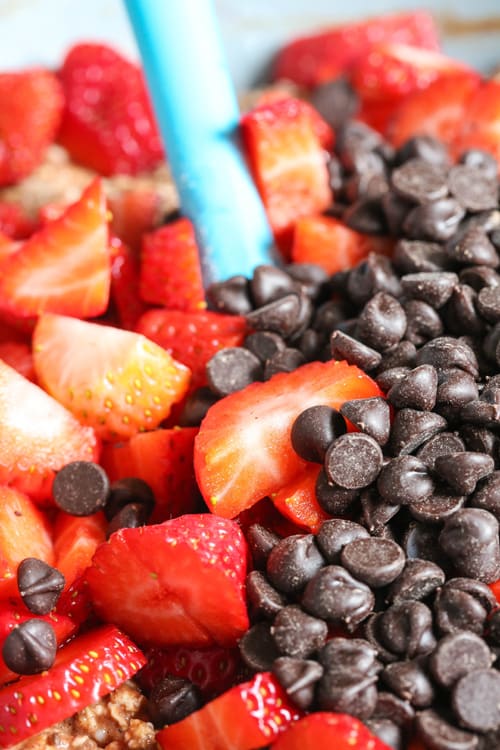 Strawberries and chocolate chips for the Baked Acai & Strawberry Oats | thecookandhim.com