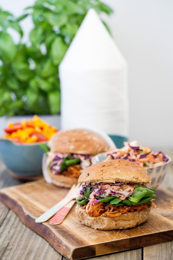 BBQ Jackfruit Sliders - delectably moist and packed with sweet sticky BBQ flavour. This vegan version of pulled pork is SO tasty, moreish and easy! Recipe on thecookandhim.com