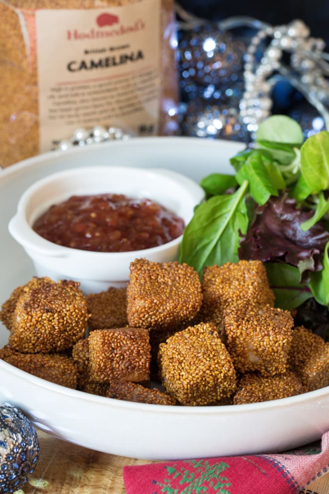 Camelina Halloumi Bites - salty, nutty addictive little bites! These make great party nibbles or a super tasty lunch treat | thecookandhim.com