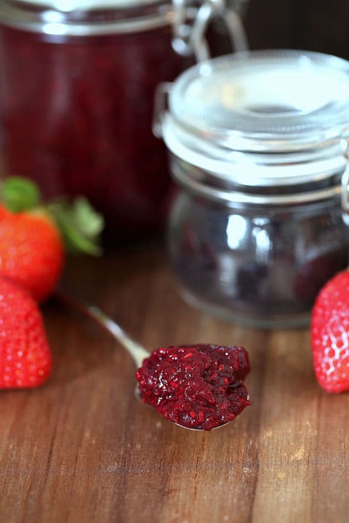 Chia seed and berry jam - refined sugar free alternative, full of lemon and berry flavours. Making jam CAN be this easy! | thecookandhim.com
