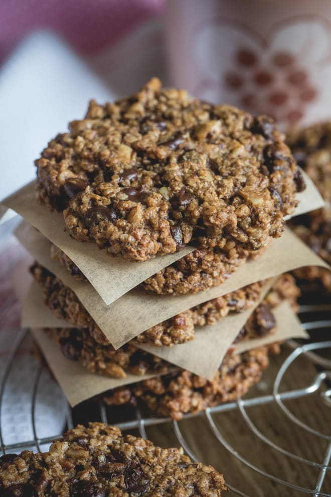 Choc and Nut Oaty Cookies - sublimely soft, oozing dark chocolate chips with a nutty crunch! Vegan and Gluten Free | thecookandhim.com