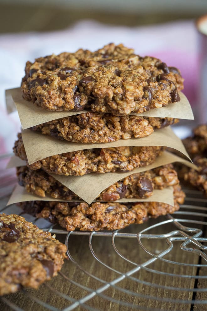 Choc and Nut Oaty Cookies - sublimely soft, oozing dark chocolate chips with a nutty crunch! Vegan and Gluten Free | thecookandhim.com