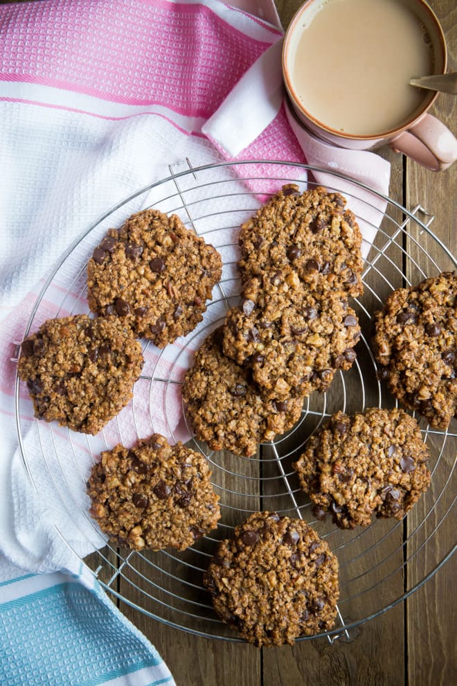 Choc and Nut Oaty Cookies - sublimely soft, oozing dark chocolate chips with a nutty crunch! Vegan and Gluten Free | thecookandhim.com