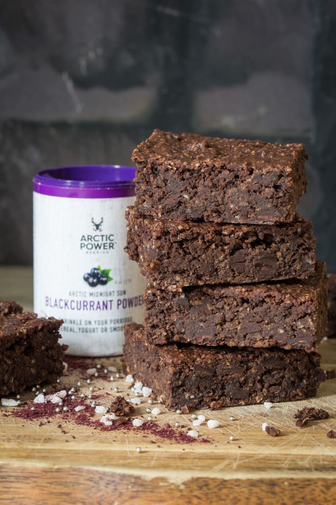 Chocolate and Blackcurrant Brownies - soft and fudgy melt in the mouth vegan and gluten free brownies! Delicious oats and almonds make the base with wonderful pops of dark chocolate chips and blackberry | thecookandhim.com