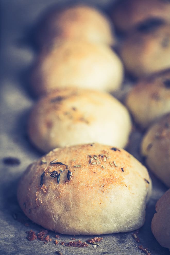 Garlic and Herbes de Provence Cheese Bombs - a light, no knead pizza dough stuffed with vegan herb cheese and brushed with garlic oil | thecookandhim.com