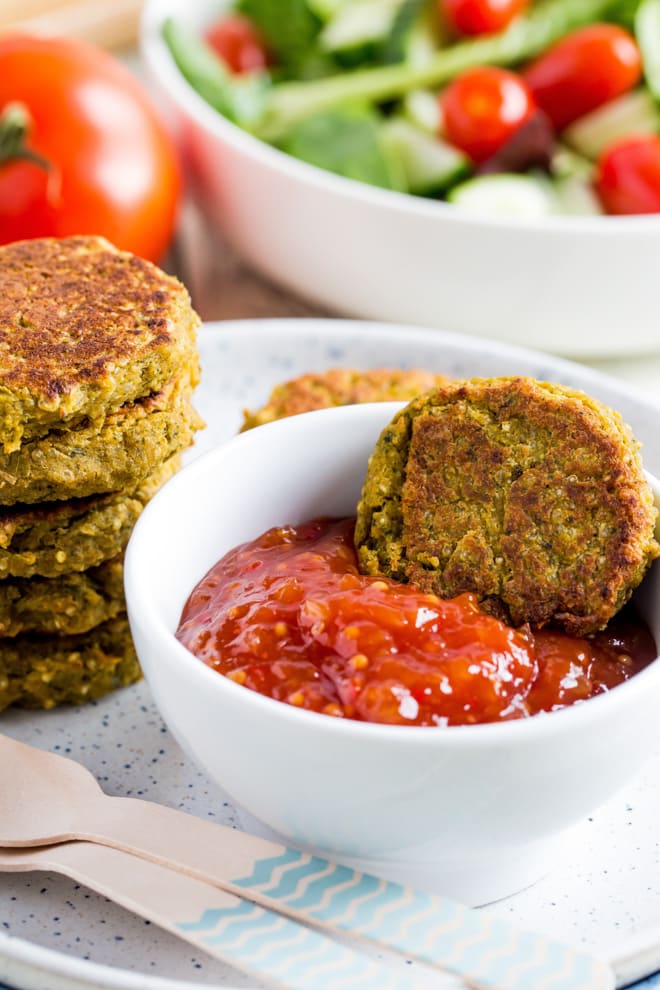 Kid Friendly Veggie Nuggets - tonnes of healthy veggies crammed into these tasty vegan nuggets as well as protein rich chickpeas! They're super easy to prepare and can be made in advance for a great quick snack or lunch box treat! Recipe on the thecookandhim.com