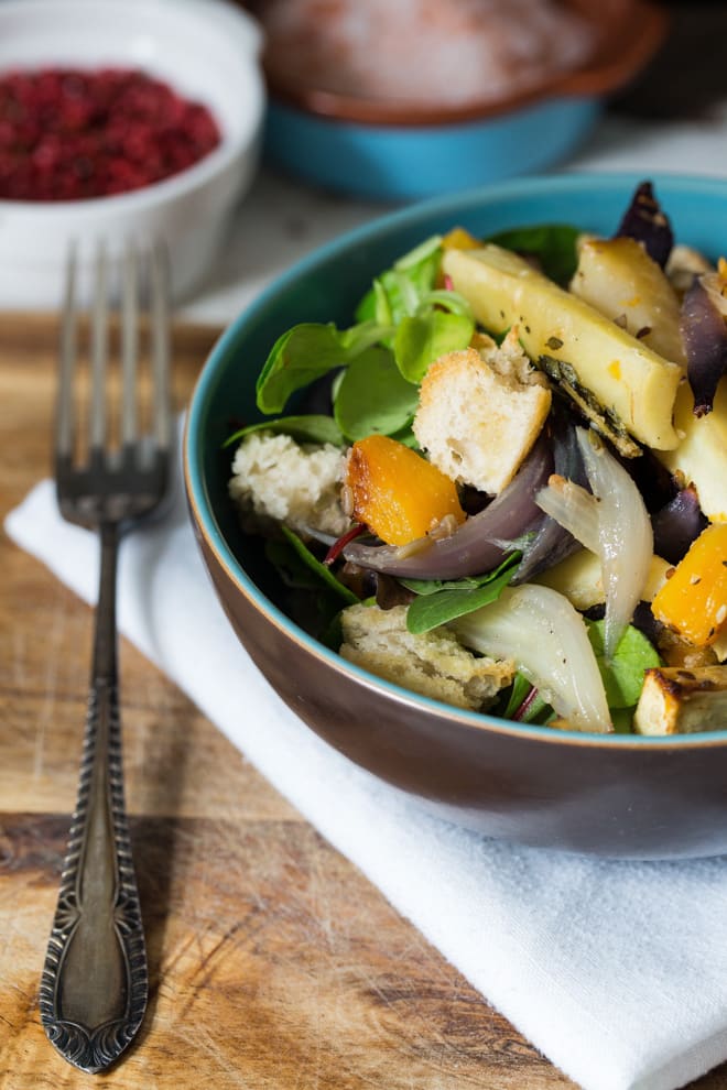 Maple and Thyme Winter Veggie Salad - liven up a dull day with this seasonal and colourful salad - warm herby veg mixed with peppery leaves wrapped up in a tangy dressing | thecookandhim.com