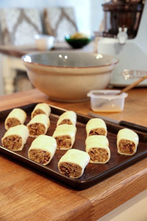 Meat free sausage rolls ready to be baked | thecookandhim.com