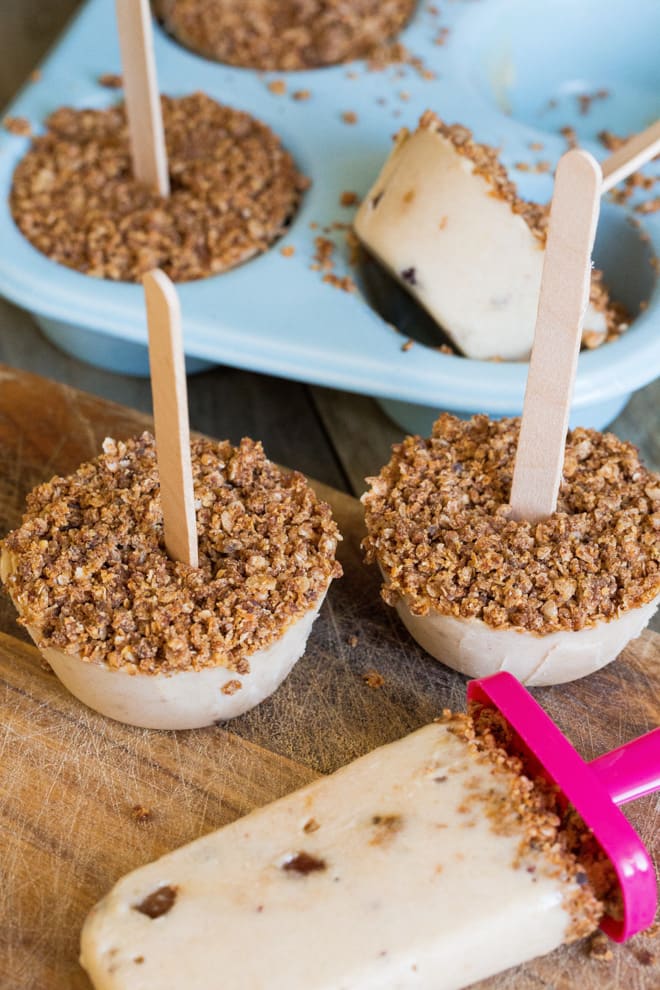 Mincemeat Nice Cream Pops - vegan, naturally sweet, perfect treats to use up over-ripe bananas and leftover mincemeat. The granola type topping gives a gorgeous nutty crunch | thecookandhim.com