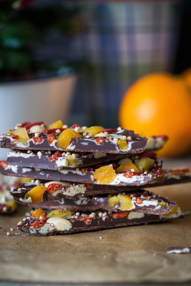 Nutty St Clement's Chocolate Bark - get the kids involved for Mother's Day with this super simple taste sensation - jam packed with nuts, dried fruits wrapped up in sublime Doisy and Dam chocolate | thecookandhim.com