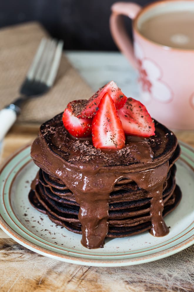 Oaty Chocolate Pancakes with Chocolate Sauce - as decadent as they are healthy and as easy to make as they are tasty - packed with extra protein and chocolate deliciousness | thecookandhim.com