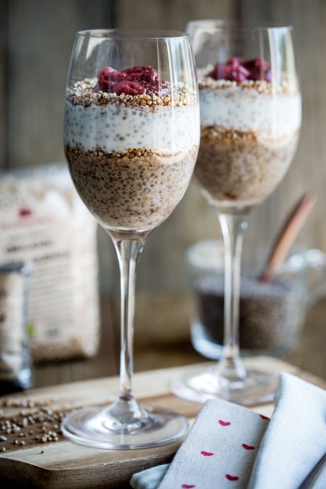 PB&J Chia Pudding - layers of heavenly flavour with peanut butter chia pudding, vanilla coconut yoghurt and homemade strawberry chia jam. Vegan, refined sugar free and gluten free | Recipe on thecookandhim.com
