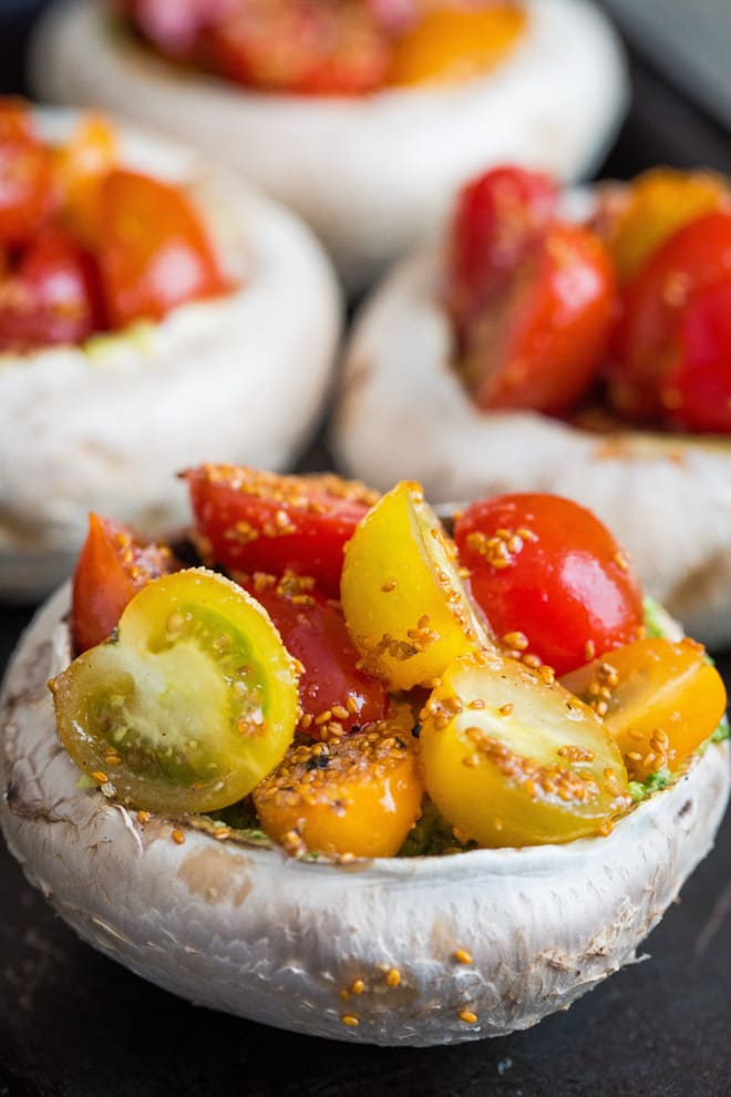 Pesto and Tomato Stuffed Mushrooms