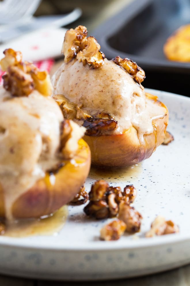 Roast Nectarines with Nice Cream and Glazed Walnuts - the ultimate summer dessert with warm roasted nectarines topped with delicious vegan ice cream and maple glazed walnuts | Recipe on thecookandhim.com