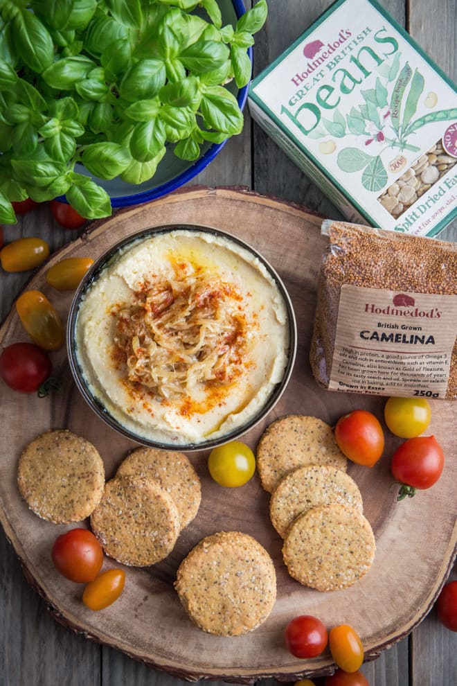 Smoked Quinoa Crackers with Caramelised Onion Hummus