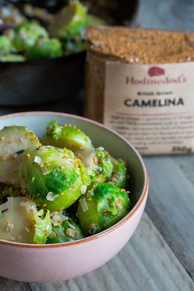 Sprouts with Walnuts and Shallots - fantastic holiday side dish for sprout lovers! Nuttied up with crunchy walnuts and lovely little camelina seeds from Hodmedods | thecookandhim.com