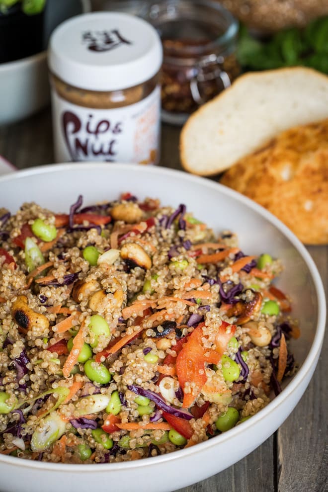 Thai Quinoa Salad with Almond Butter Dressing - crammed full of fresh vegetables and salty dry fried peanuts with a light but spicy, rich and creamy full of flavour dressing! #vegan #glutenfree #meatfree #salad | thecookandhim.com