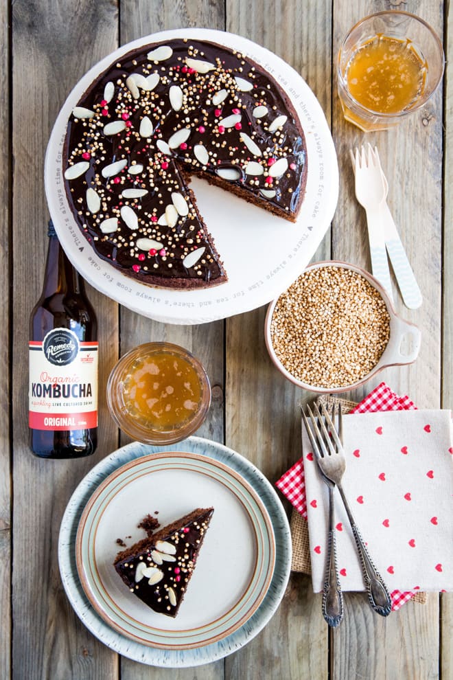 Vegan Chocolate Cake with Kombucha - moist, rich and dark vegan chocolate cake with gut healthy kombucha - this is a divinely healthy treat that tastes sinful! It's also super easy and quick to make, perfect for when you need to bake a last minute simple yet decadent cake for a special occasion.