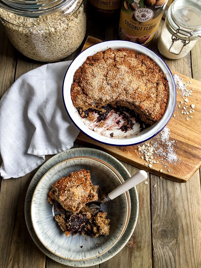 Blackberry Jam Coconut Pudding - Sticky, sweet homemade blackberry jam and soft, chewy, spongy, crumbly topping using coconut sugar, coconut flour and dessicated coconut | #vegan #veganbaking #glutenfree | Recipe on thecookandhim.com