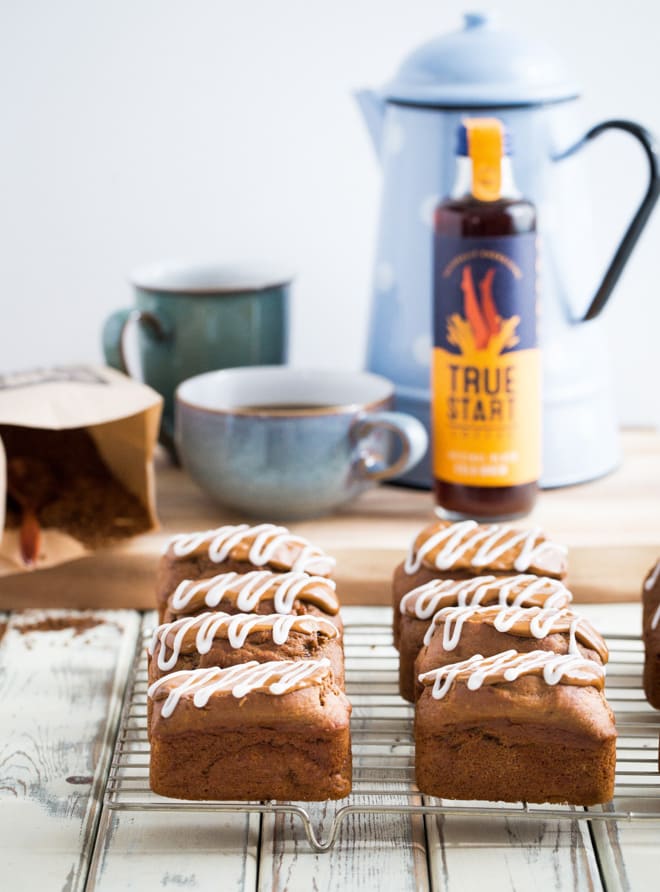 Cappuccino Mini Loaves - light and moist coffee sponge topped with a divinely sweet coffee and vanilla frosting. These vegan mini loaves are incredibly moreish! #vegan #veganbaking #coffeecake | Recipe on thecookandhim.com