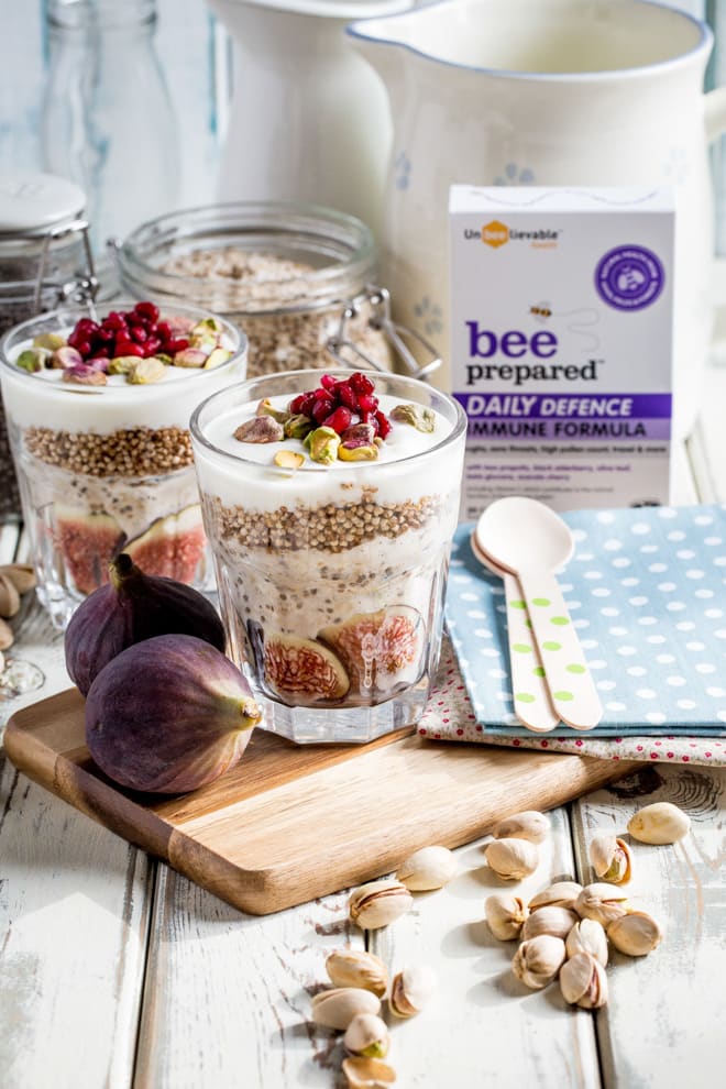 Fig and Quinoa Overnight Oats - Layers of fresh fig, creamy oats, protein rich quinoa puffs and smooth coconut yoghurt make this a deliciously healthy breakfast treat that tastes rich and decadent! #overnightoats #breakfast #healthybreakfast | Recipe on thecookandhim.com