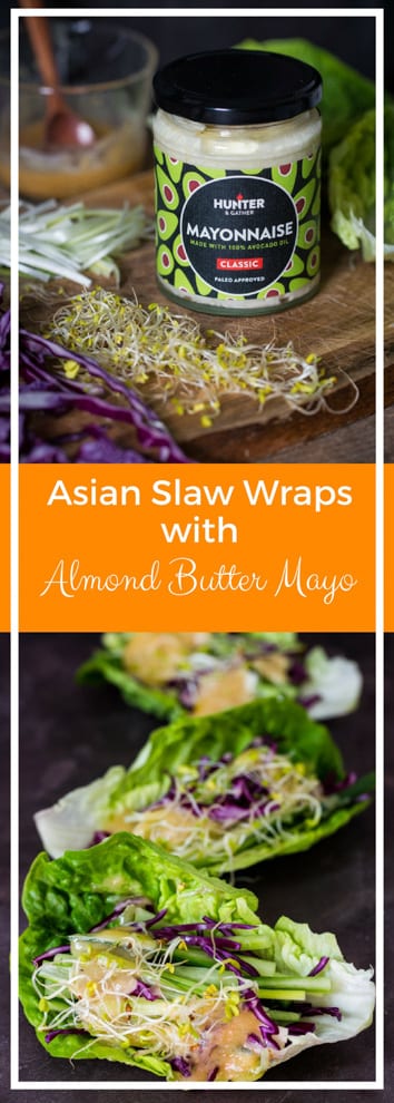 Asian Slaw Wraps with Almond Butter Mayo - simple, uncomplicated and paleo - oh and utterly delicious! Fresh veggies and an amazing nut butter/mayo dressing for a super quick and tasty lunch! Vegetarian | thecookandhim.com