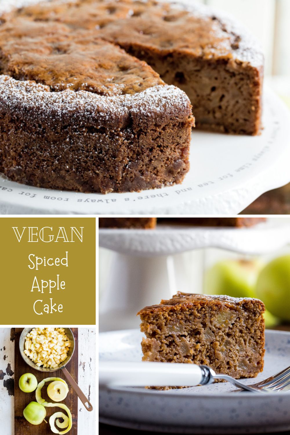 This easy spiced vegan apple cake is a rich but light brown sugar sponge brimming with soft apples and warming spices. It makes a perfect autumn dessert or a lovely afternoon treat with a cuppa! Recipe on thecookandhim.com | #vegancake #applecake #veganapplecake #autumnrecipes #fallrecipes