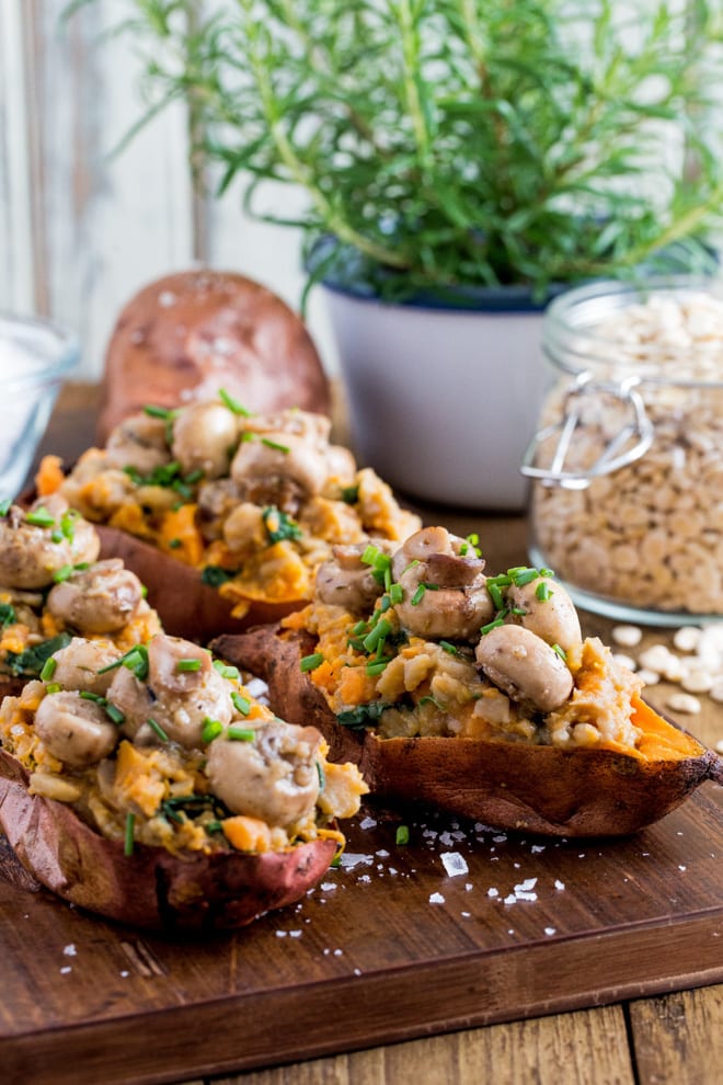 Garlic Mushroom Stuffed Sweet Potatoes