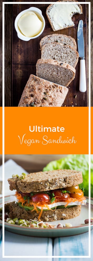 Ultimate Vegan Sandwich - Crusty homemade bread flavoured with kombucha and layers of filling with vegan cheese, roasted tomato, creamy avocado and crisp leaves make this the ultimate vegan sandwich #vegan #meatfree #sandwich | Recipe on thecookandhim.com