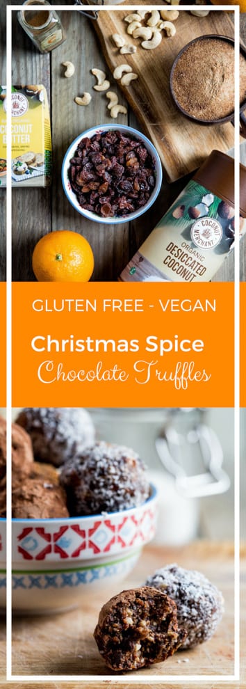 Christmas Spice Chocolate Truffles - these taste like tiny bites of Christmas cake .. with chocolate!! All natural sweetness with warming spices and zesty orange. These are sticky sweet Christmas heaven! #vegantreats #healthychristmas | Recipe on thecookandhim.com