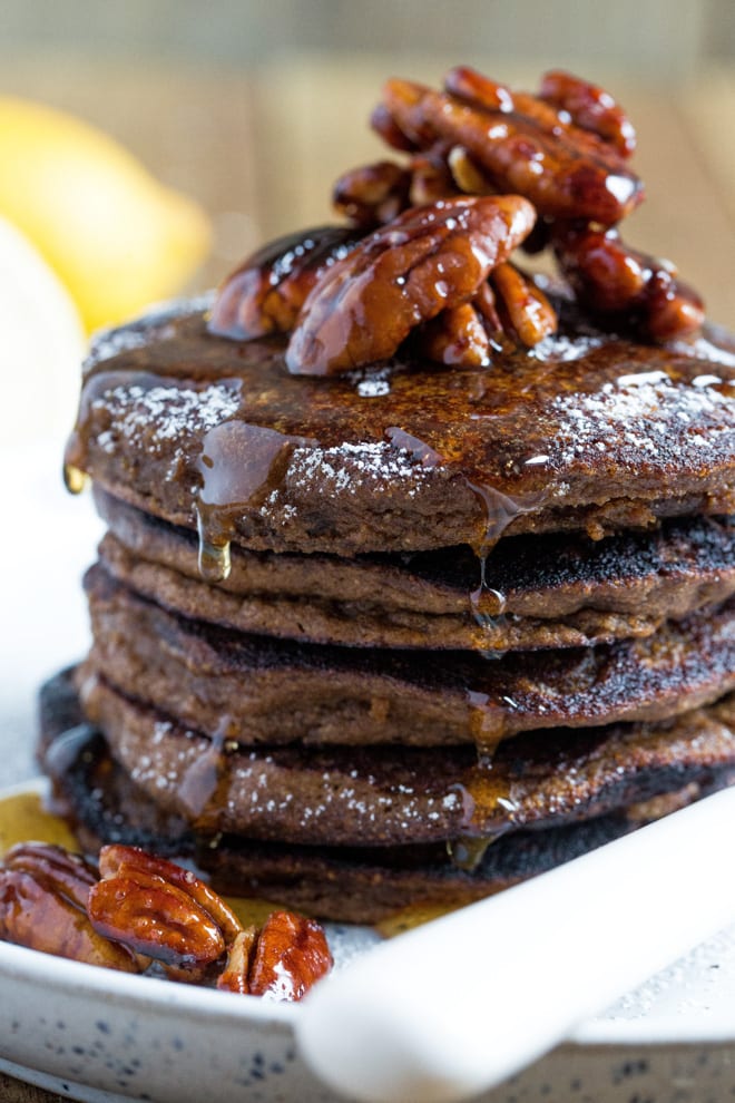 Gingerbread Pancakes - soft, fluffy vegan pancakes with all the spice and treacle flavours of gingerbread #veganpancakes #veganbreakfast #veganchristmas | Recipe on thecookandhim.com