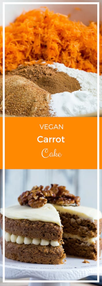 Carrot Cake - a delicate, perfectly spiced vegan sponge cake made with fresh grated carrot and finished with a sweet vegan frosting #vegancake #veganbaking #carrotcake #veganfrosting | Recipe on thecookandhim.com